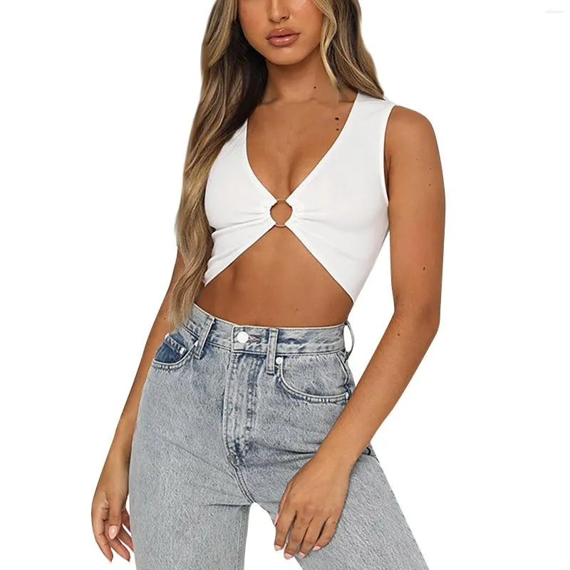 Camisolas Regatas Moda Feminina Sexy Cor Sólida Apertado Lingerie Anel em V Aço Crop Tops Feminino Bralette Sem Fio Crochet Top