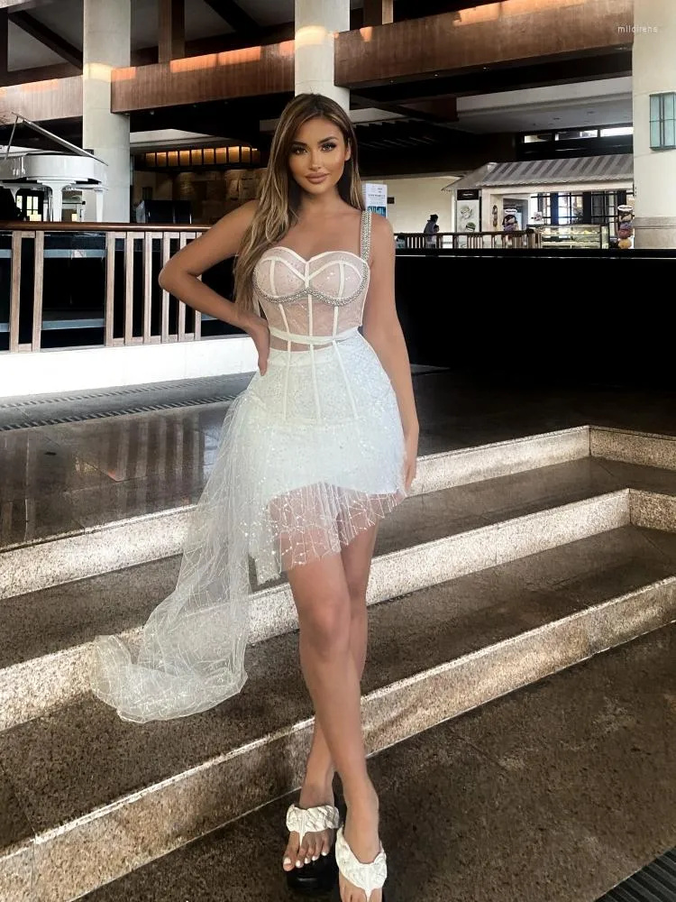 Casual Dresses Summer White Diamond-Embedded Two Piece Set Women Strap Lace Mesh Sequins Top Mini Draped Skirt Nightclub Party Outfits