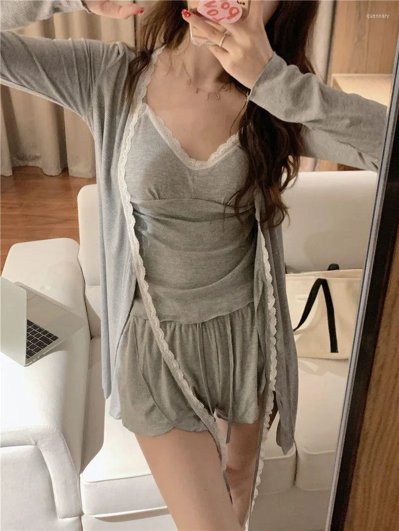 Women's T Shirts Summer Sexy Three-piece Suit With Breast Pad Women Lace Cardigan Pajamas Modal Grey Halter Shorts Home Wear