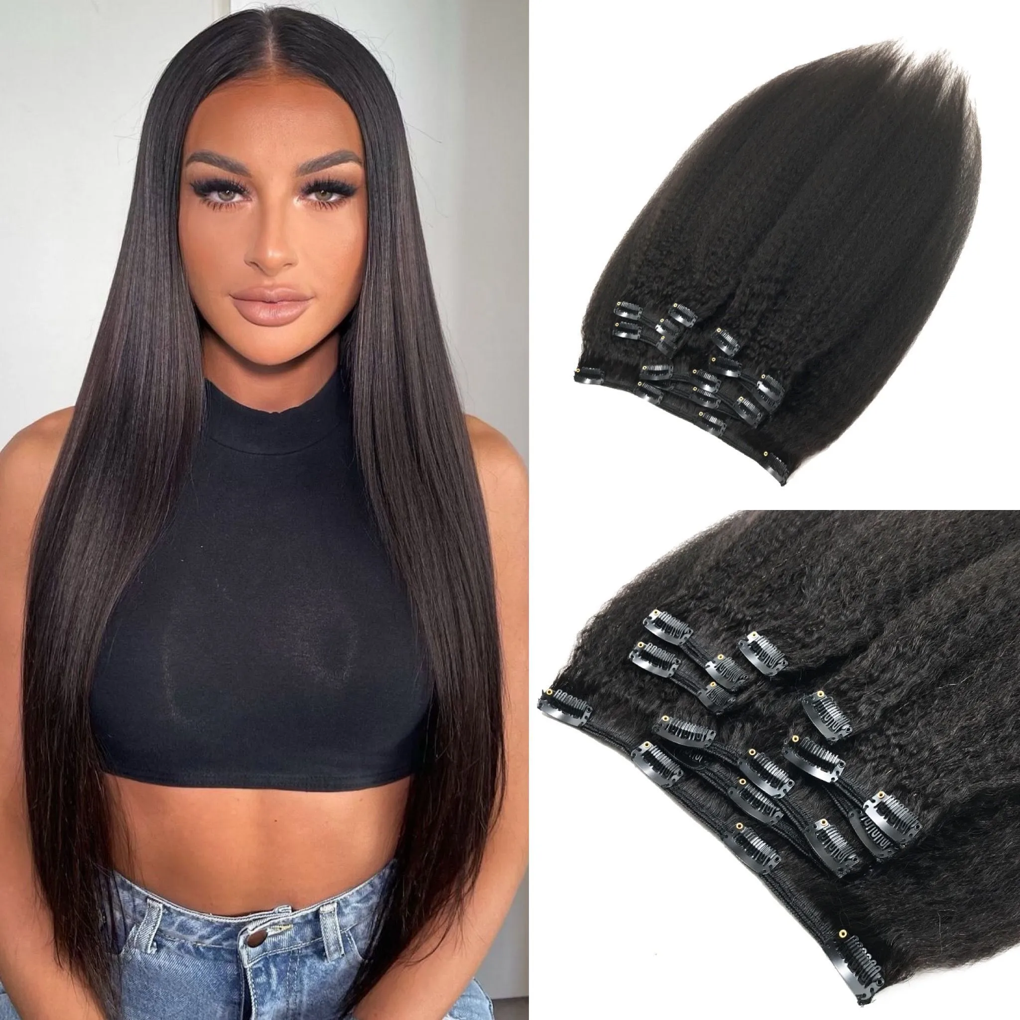 Verworrene gerade Clip-in-Haarverlängerung, brasilianisches Remy-Echthaar, Yaki-Clip-in-Extensions, 140 g