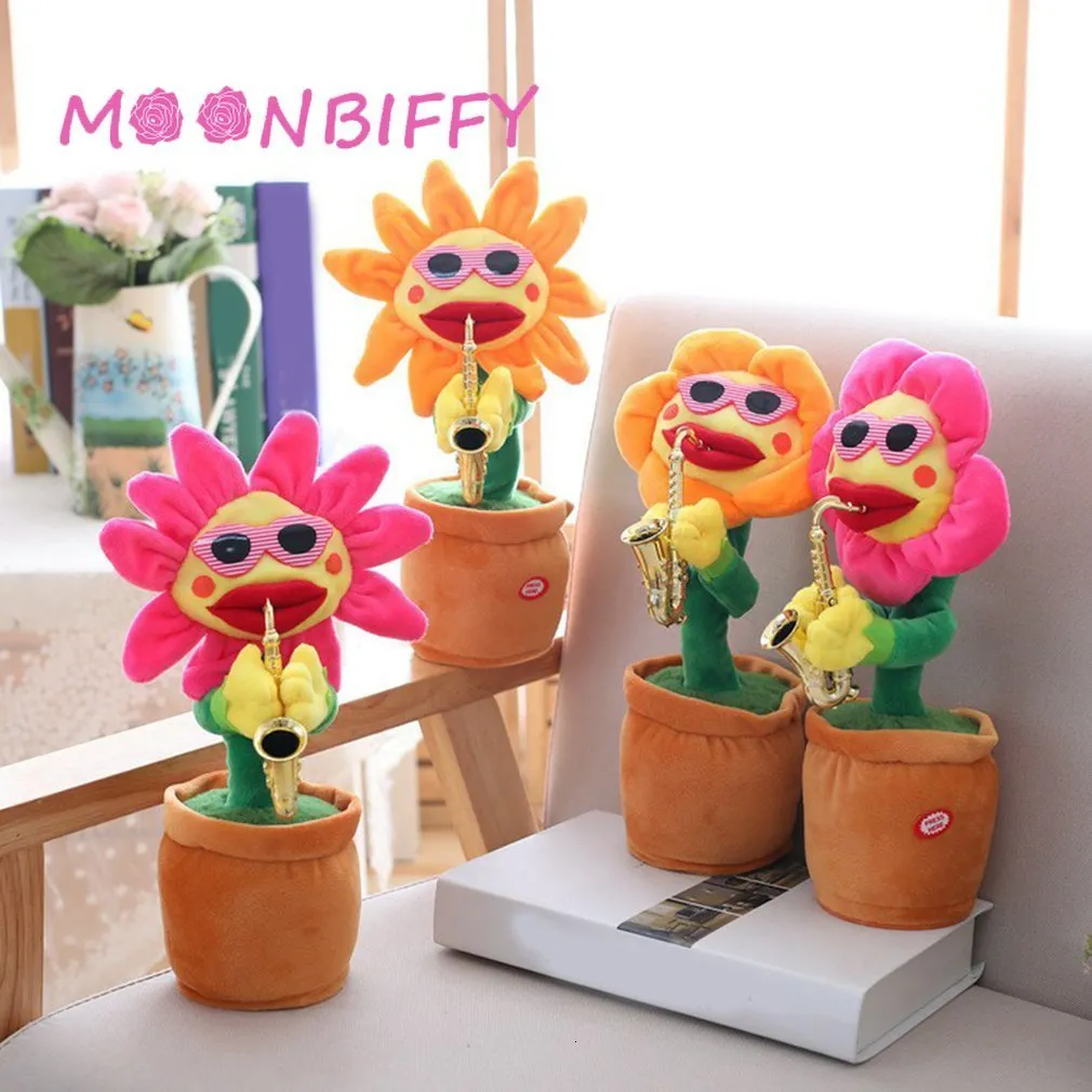 Bonecas de pelúcia brinquedos infantis cantando e dançando cacto flor de sol brinquedo simulação girassol tocando saxofone presente flores fofas 230710