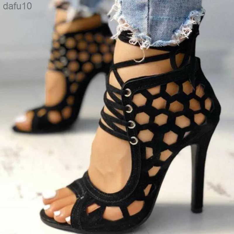 Kadınlar Yaz Yüksek Topuklu Sandallar Peep Toe Hollow-Out Stilettos Gladyatör Ayakkabı Moda Sıradan Seksi Parti Plus Boyut Pompaları L230704