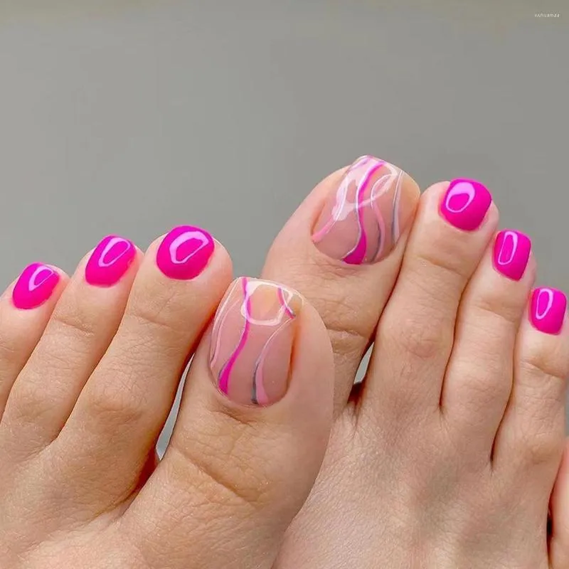 Falska naglar 24 st per uppsättning rosrosa glitter tånaglar tå falska för kvinnor