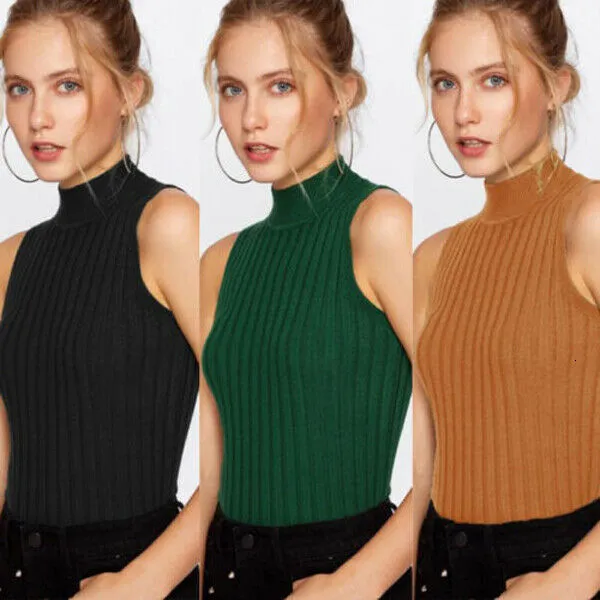 Women's Tanks Camis High Quality Summer Autumn Women Mock Neck Top Turtleneck Sleeveless T-shirt Slim Knitted Vest Female Tee Knitwear 230711