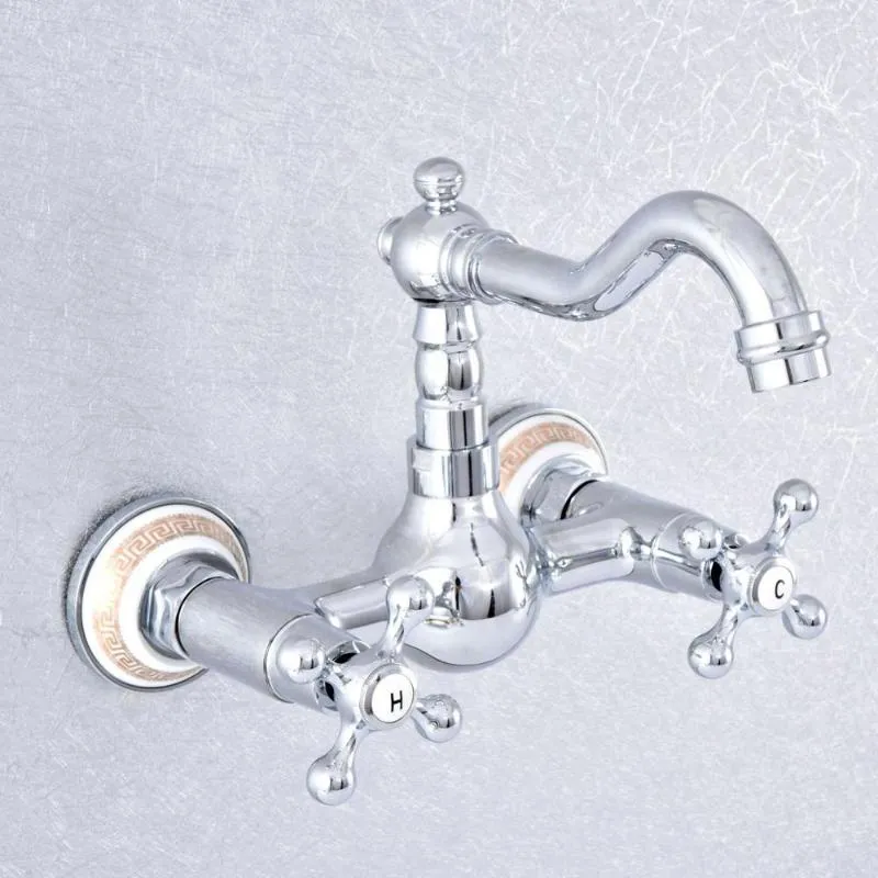 Badezimmer Waschbecken Wasserhähne Chrom Poliert Messing 360 Schwenkauslauf Becken Wasserhahn Dual Griff Loch Küche Kaltwasser Mischbatterie DSF765