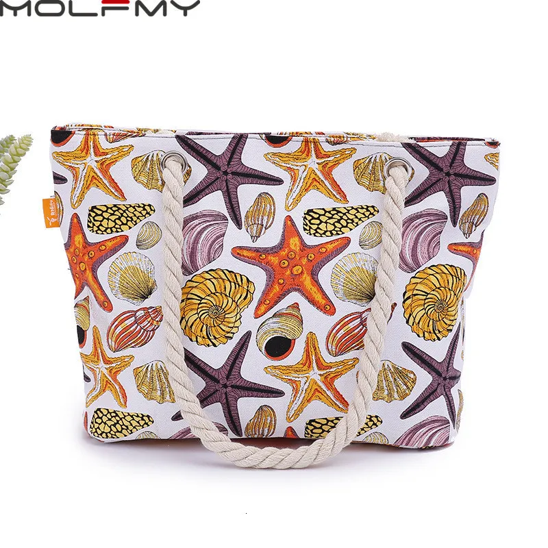 Evening Bags Canvas Handbag For Women Large Capacity Shells Conch Print Simple Shoulder Ocean Style Beach Tote Bag Portable Dropship 230711