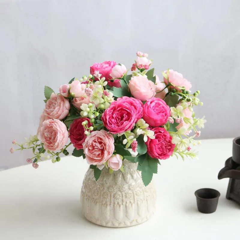 Decorative Flowers Beautiful Rose Peony Artificial Silk Small White Bouquet 9Heads Home Party Winter Wedding Decoration Fake