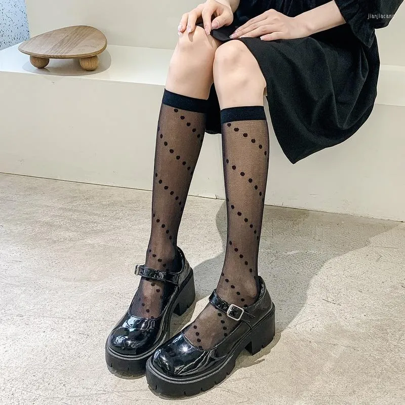 Women Socks Summer Ultra-thin Nylon Long Stockings Lolita Knee High Twill Polka Dot Sexy Lace Mesh Breathable Thigh Sock