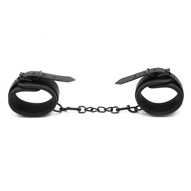 Fetish Sexy BDSM and Ankle Cuff Black Leather Handcuff Sex Toy for Couple Game Metal Bondage_voghion.com
