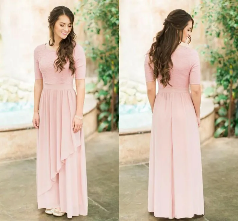 fitted lace wedding dress 2026 Bridesmaid Dresses Chiffon A-Line V-Neck Long Sleeves Floor-Length Formal Wedding Party Evening Gowns with Split Side & Pocket, Light Pink