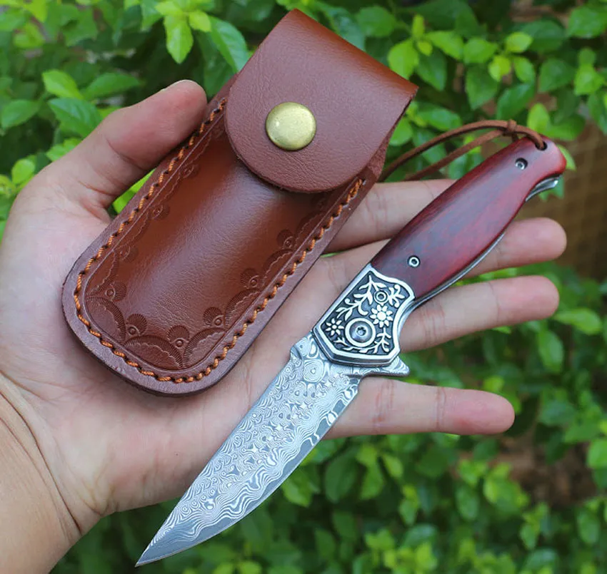 Flipper Folding Knife VG10 Damascus Steel Drop Point Blade Rosewood + Stainless Steel Head EDC Pocket Knives & Leather Sheath