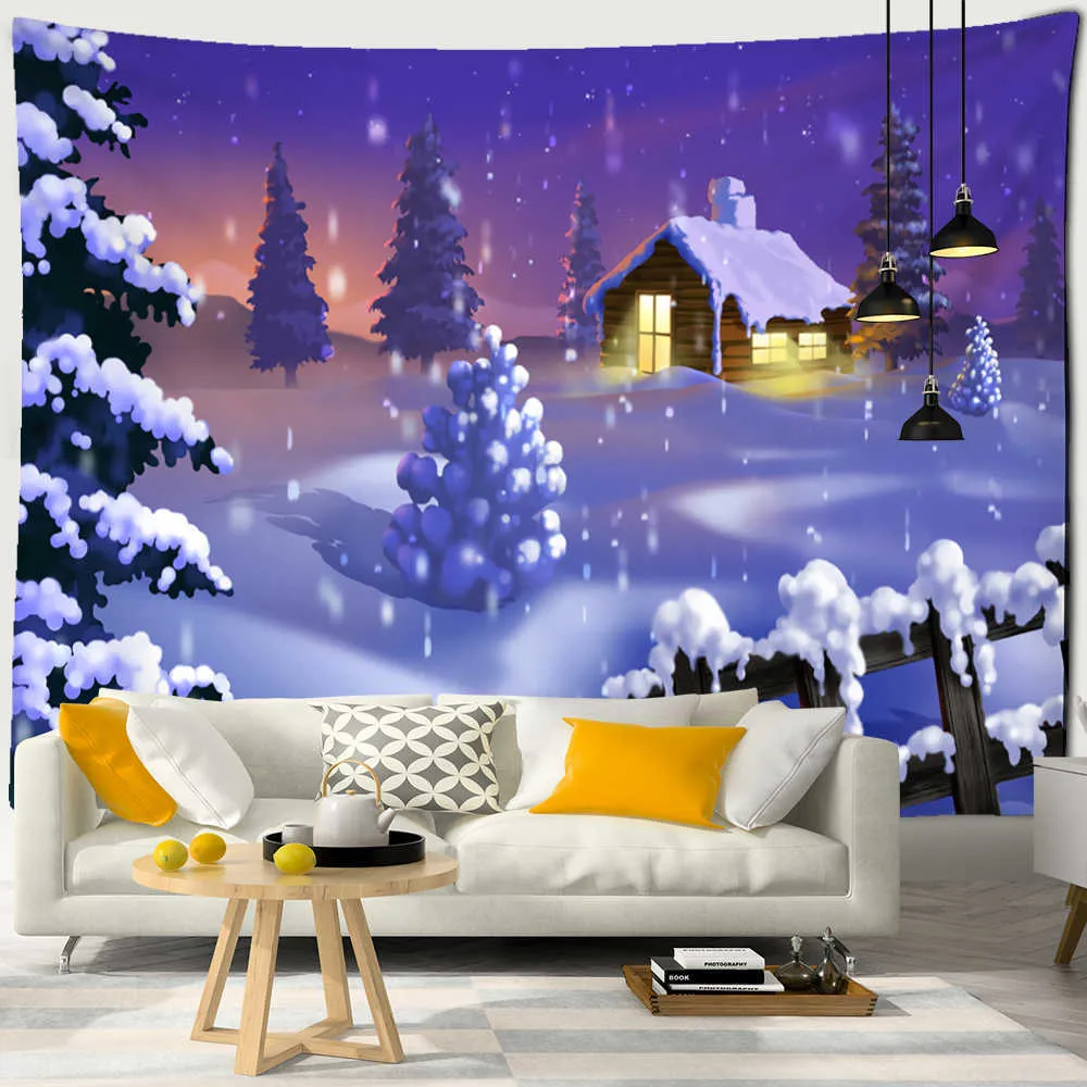 Wandtapijten Kerstboom Onder Sneeuw Tapijt Muur Opknoping Vakantie Geschenken Kleurrijk Natuurlijk Landschap Home Decor