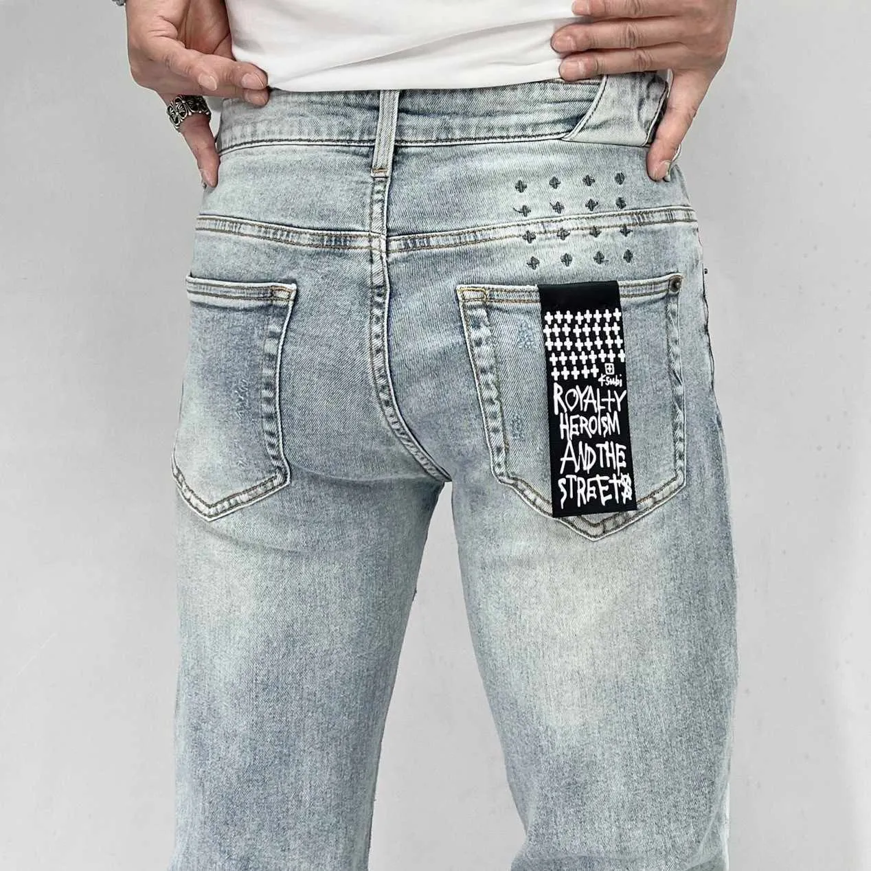 DHgate Ksubi Mens Distressed Stretch Denim Biker Jeans in Grey Purple and Bone Apparel