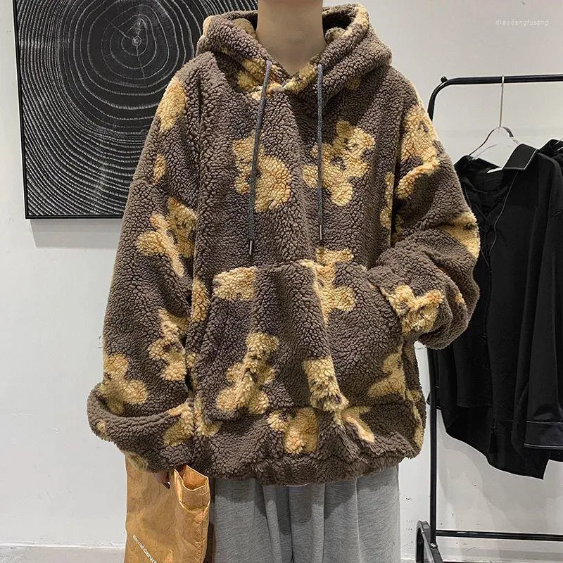 Women's Hoodies 2023 Winter Sheepskin Coat Couples Clothes Sheep Wool Pullover Coats Man Cartoon 3D Bear Hooded Sweatshirts Warm