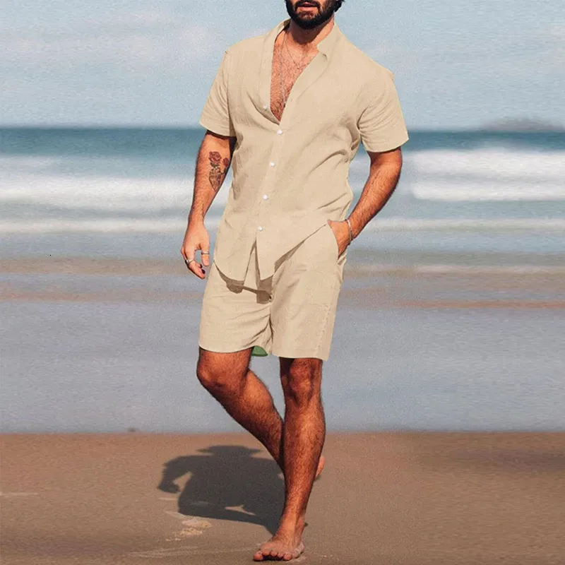 Męskie dresy zestaw hawajski lato jednokolorowy stójka koszula z krótkim rękawkiem spodenki plażowe Streetwear wysokiej jakości 2 sztuka 2023 230711