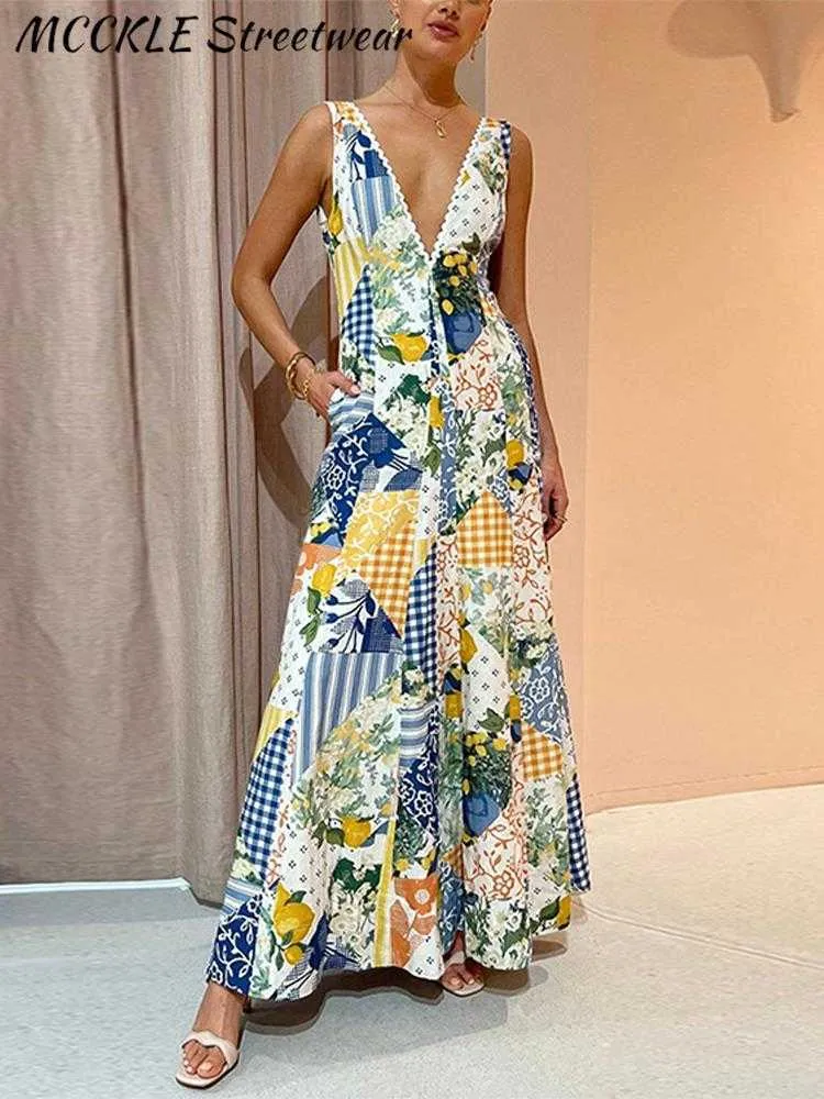 Vestidos atractivos urbanos Impreso Vestido con cuello en V profundo Mujeres Sin mangas Con paneles Mujer Vestidos largos de playa de una l nea 2023