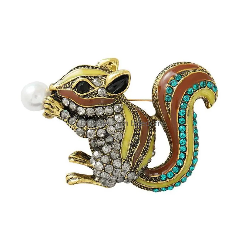 squirrel pearl crystal brooches pin for women fashion dress coat shirt demin metal brooch pins badges birthday promotion gift