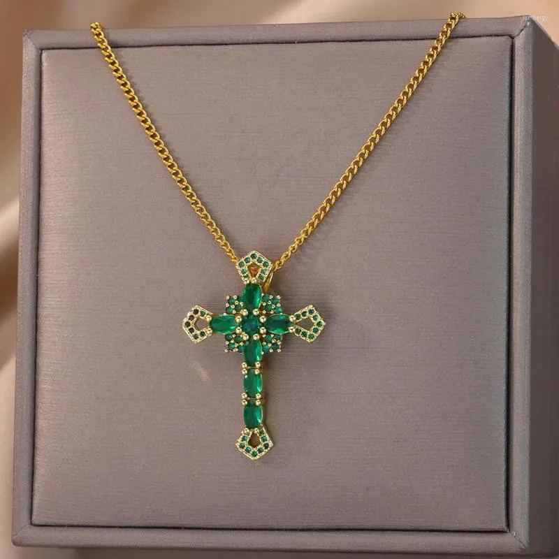 Pendant Necklaces Punk Green Jesus Cross For Women Colorful Stainless Steel Necklace Party Christmas Wedding Jewelry Gift