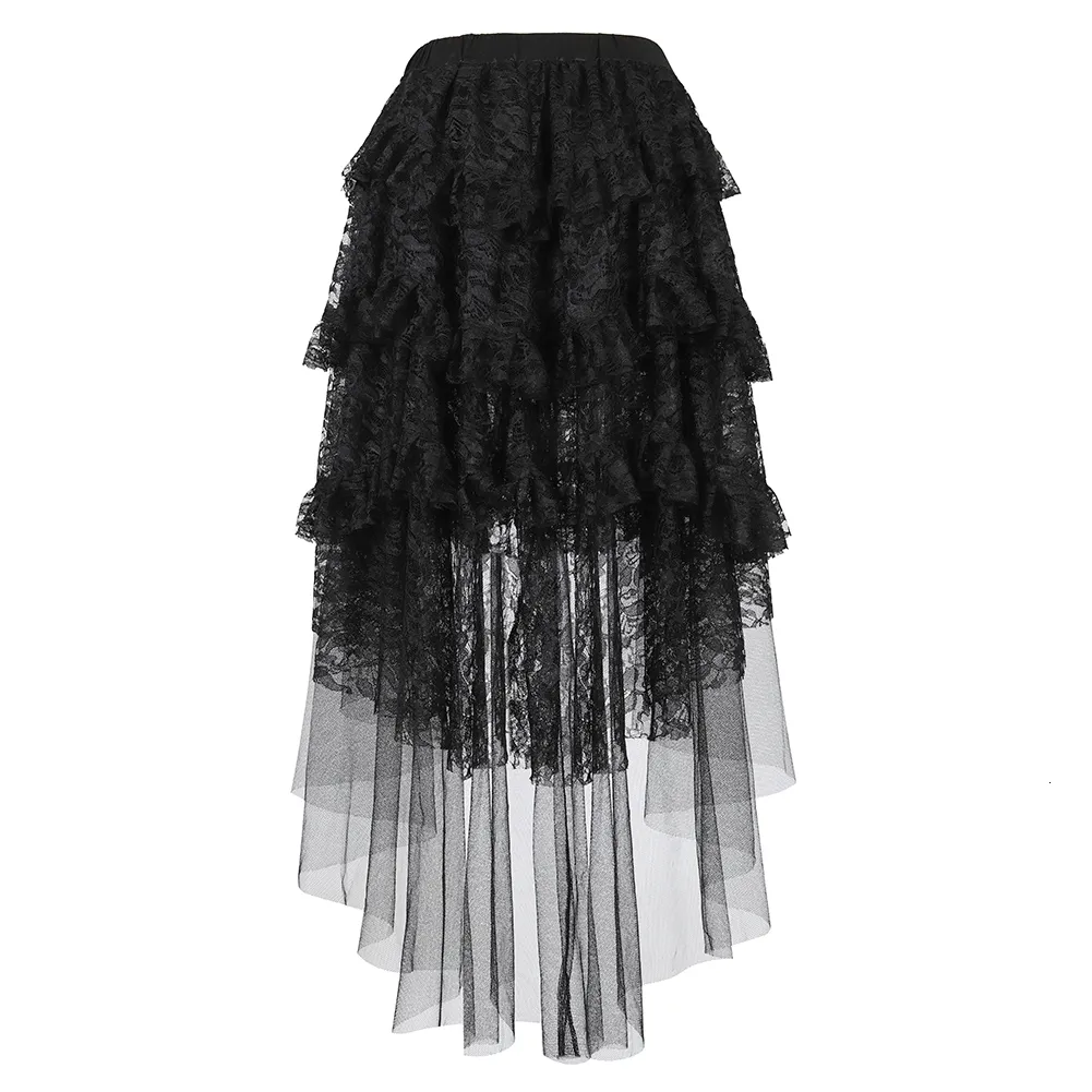 Jupes Sexy Jupe En Dentelle Noire Pour Femmes Jupe Plissée En Couches Steampunk Asymétrique Haut Bas À Volants Tulle Jupes Longues Plus La Taille XS-6XL 230710