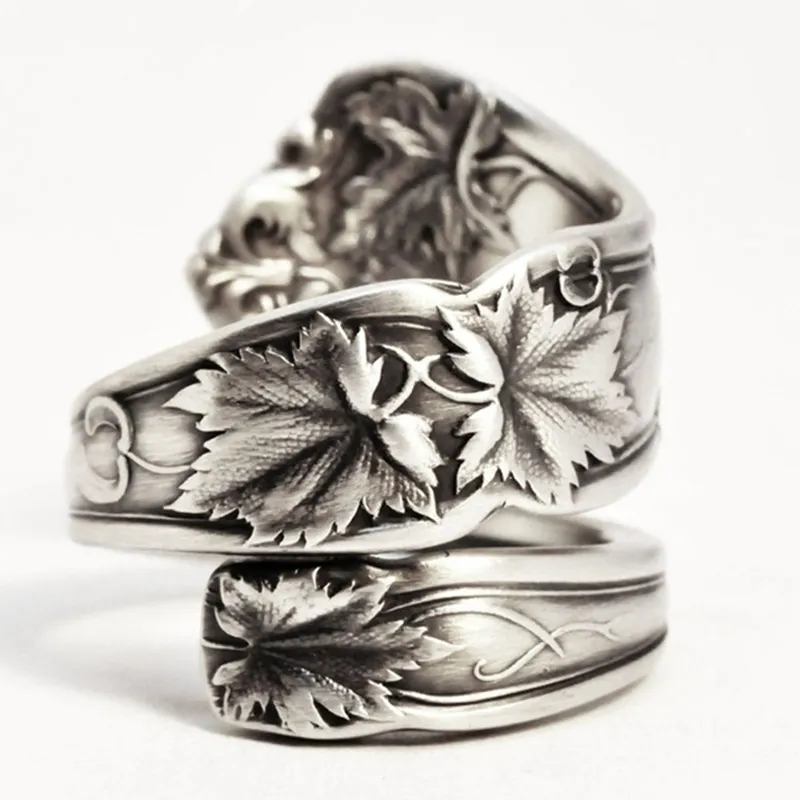Vintage Silver Plated Irregular Ring Maple Leaf Engraved Spiral Rings for Men Women Punk Gothic Party Fashion Jewelry N3Z314