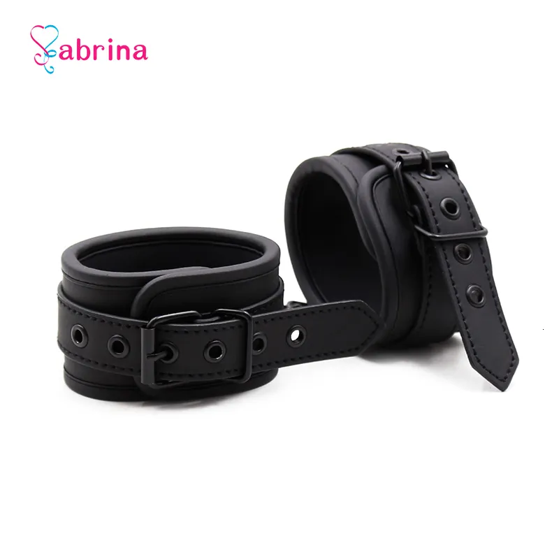 Fetish Sexy BDSM and Ankle Cuff Black Leather Handcuff Sex Toy for Couple Game Metal Bondage_voghion.com