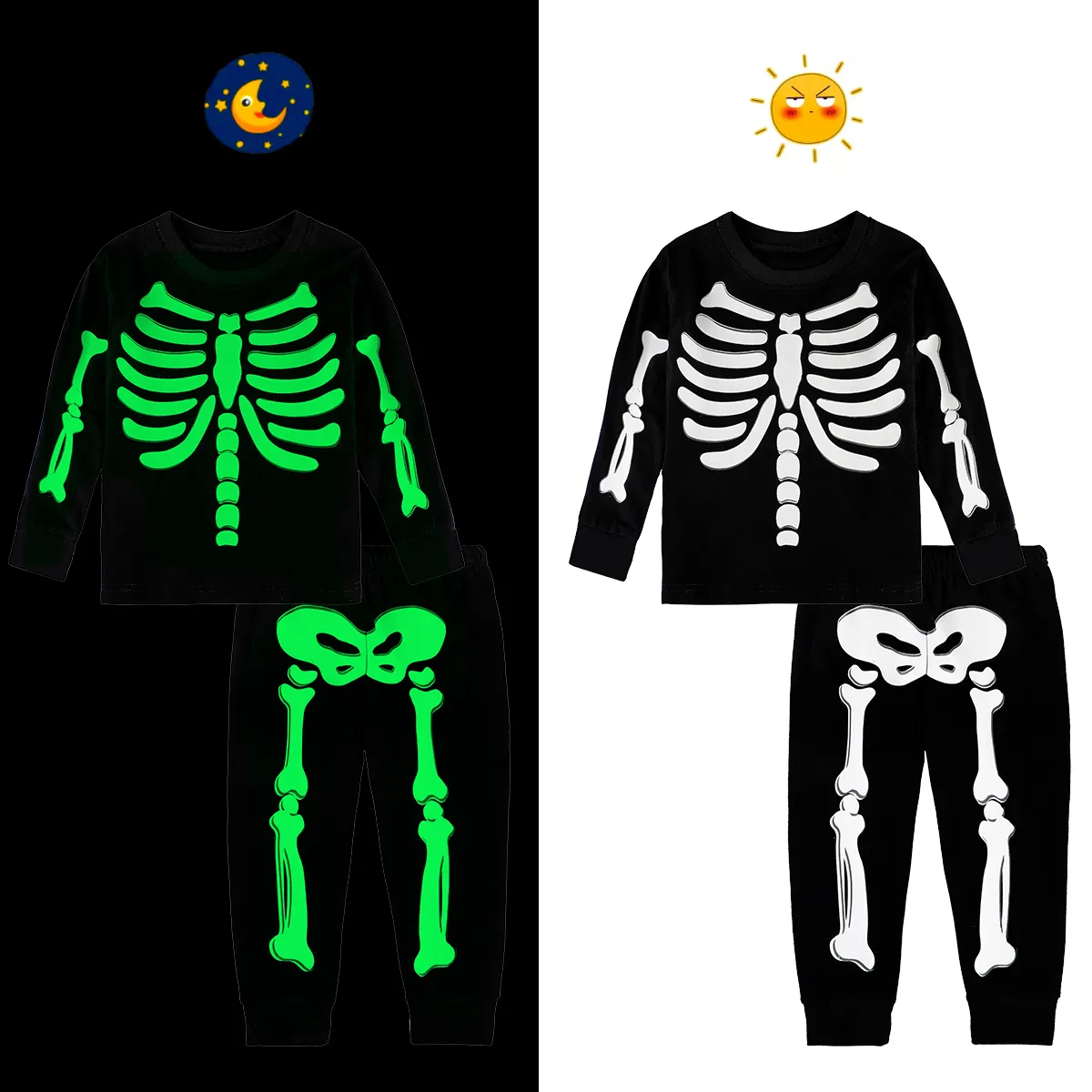 Pyjamas enfants garçons filles squelette squelette vêtements pour tout-petits halloween licorn lueur dans le pyjamas noir des vêtements de carnaval pour nourrissons 2 pcs pjs 230710