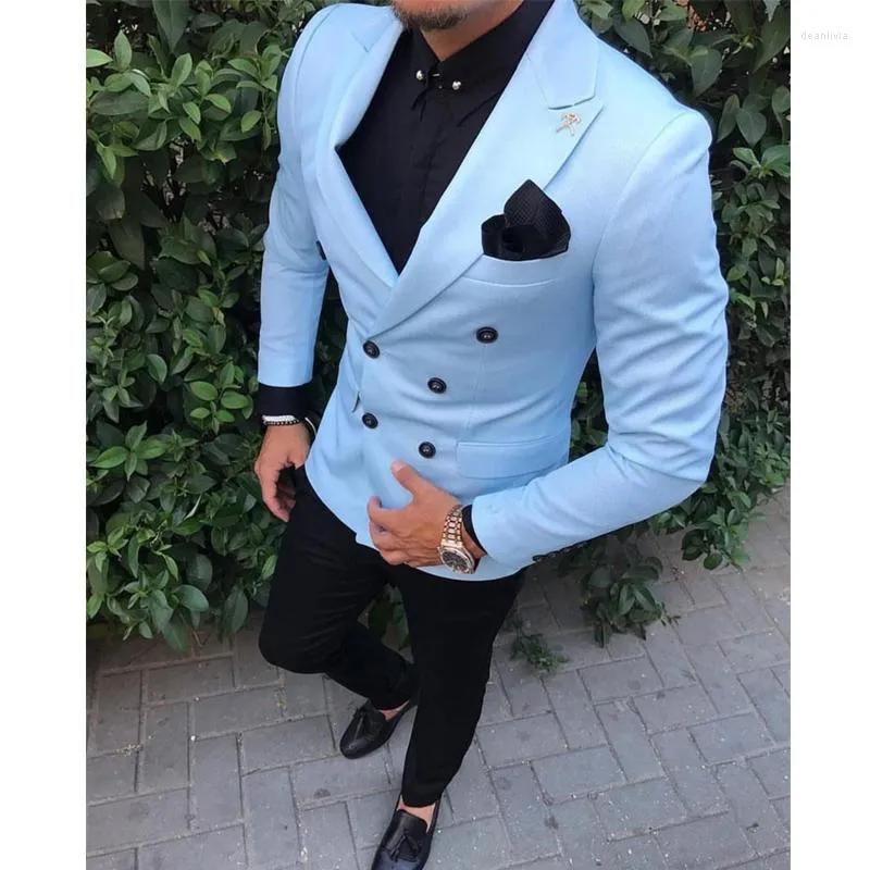 Men's Suits Light Blue Double Breasted Men 2 Pieces Slim Fit Wedding Tuxedos For Prom Male Fashion Blazer With Black Pants 2023