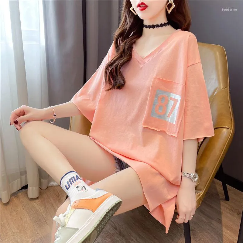 Women's T Shirts DUOFAN Mid Length V-neck T-shirt Women Summer Short Sleeve Oversized Digital Printing Tee With Pockets Korean Casual Design