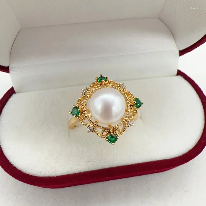 Cluster Rings 14K Gold Gild Diamond Design Square Pearl Ring Exquisite Elegant Green Zircon Natural Jewelry For Women Gift