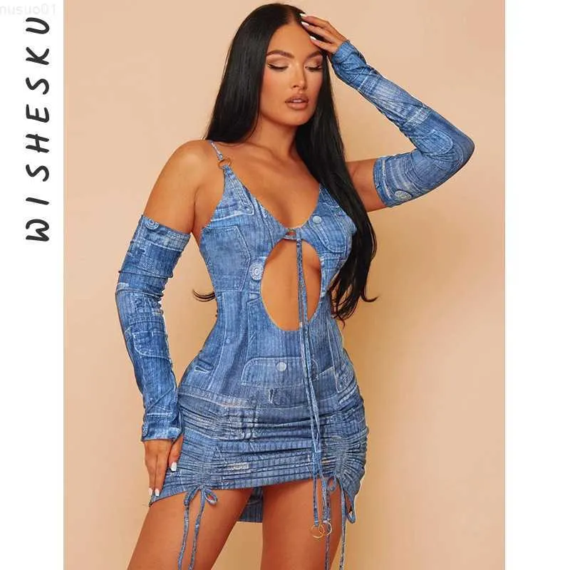 Urban Sexy Dresses Sexy Spaghetti Strap Off Shoulder Cut Out Bodycon Mini Dress Women Long Sleeve Backless Drstring Ruched Sundress 2023 Summer L230711