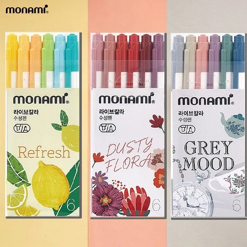 اللوحة أقلام Monami Live Color 6pcs Art Marker Pens مجموعة بطانة ثنائية الجبع تحديث تصميم رمادي الأزهار لرسم مدرسة الرسم F7300 230710