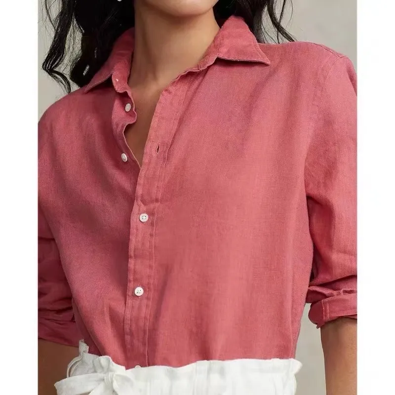 Polos pour femmes de haute qualité femmes polos mode coréen petit cheval à manches courtes hauts décontracté lin polos femme col rabattu bouton 230710