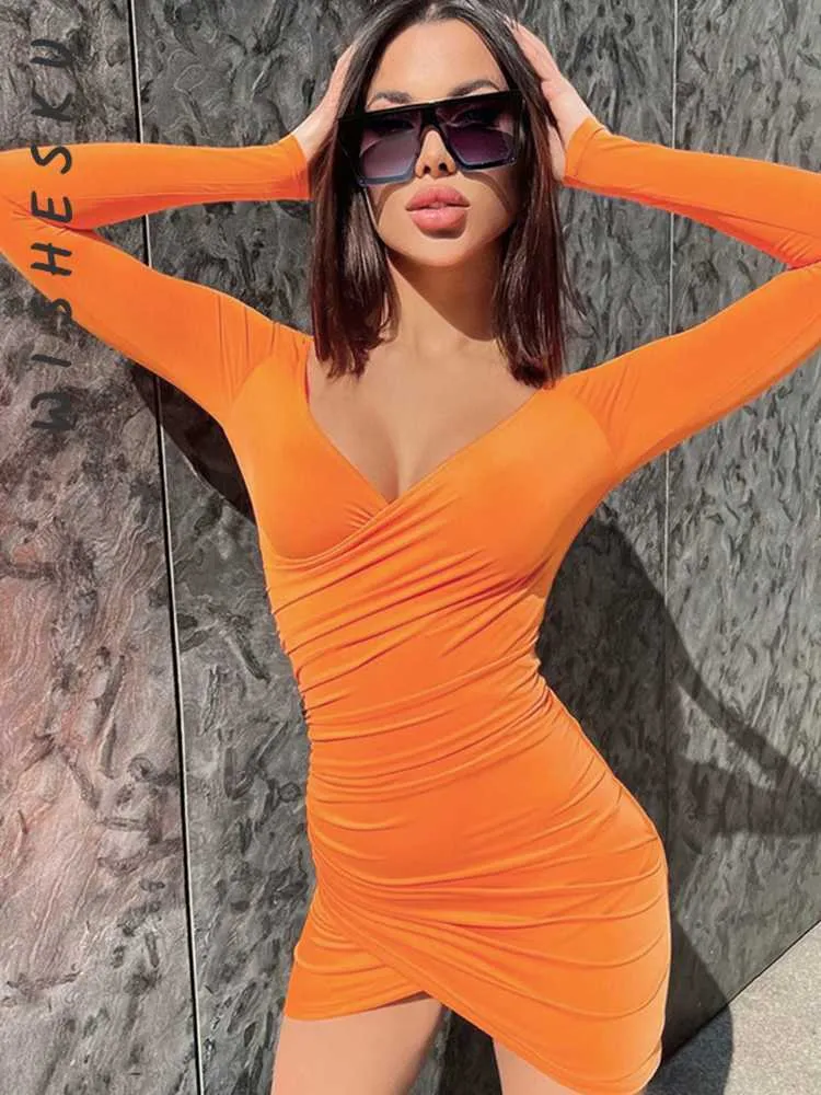 Urban Sexy Dresses Sexy V Neck Long Sleeve Bodycon Mini Dress Women Ruched Wrap Waist Party Vestidos 2022 Spring Fall Elegant Fairy Grunge Clothes L230711