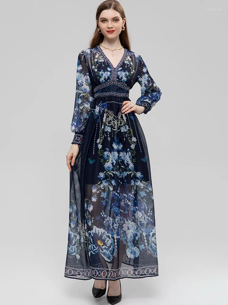 فساتين غير رسمية حمراء Roosarosee v-twec-jub print long chiffon maxi dress 2023 antumn women vestidos robe femme