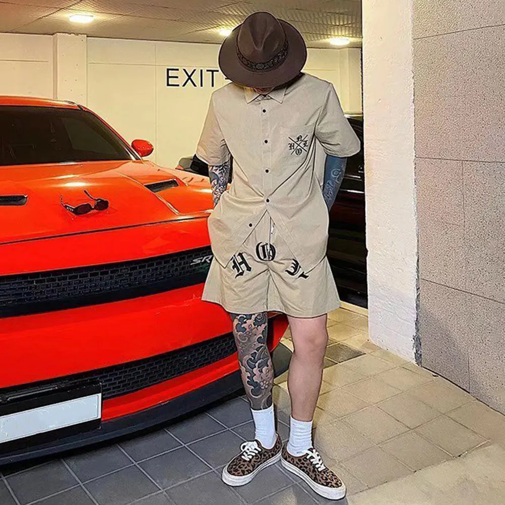 Men s Tracksuits Gothic Two Pieces Set American Retro Letter Embroidery Lapel Short Sleeve Shirt Streetwear Hip Hop Y2K Harajuku print Casual 230711