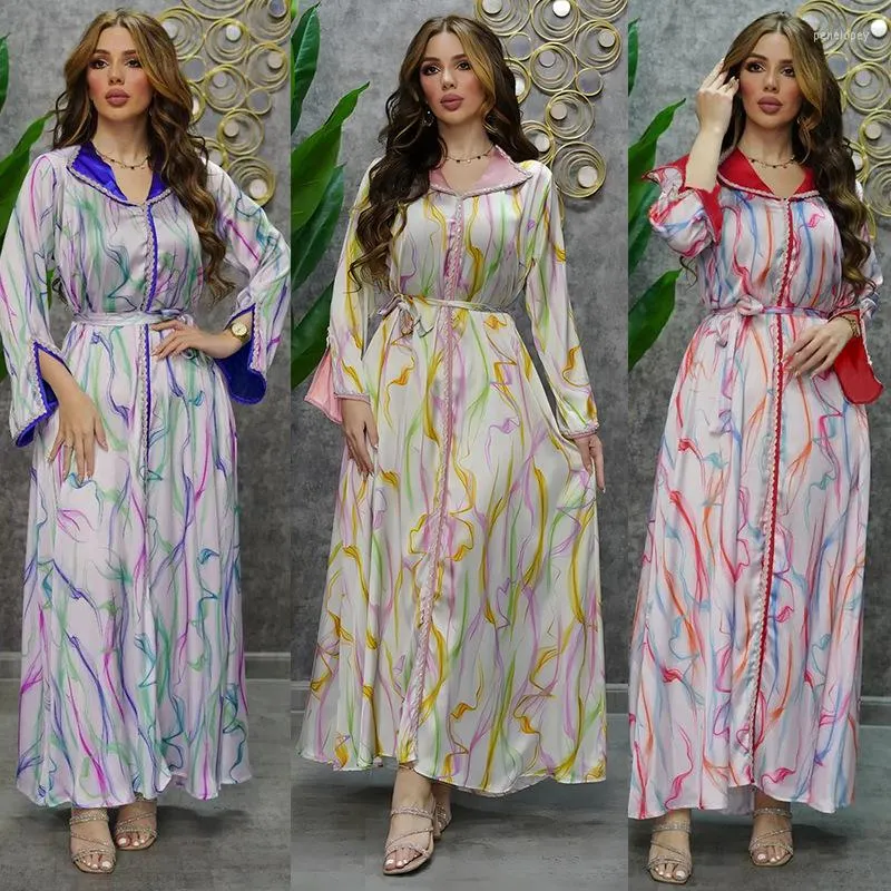 Roupas étnicas Dubai Abaya Luxo Para Mulheres Muçulmanas 2023 Primavera Cinto De Strass Estampado Floral Vestido de Manga Longa Ramadã Robe Roupas Árabes