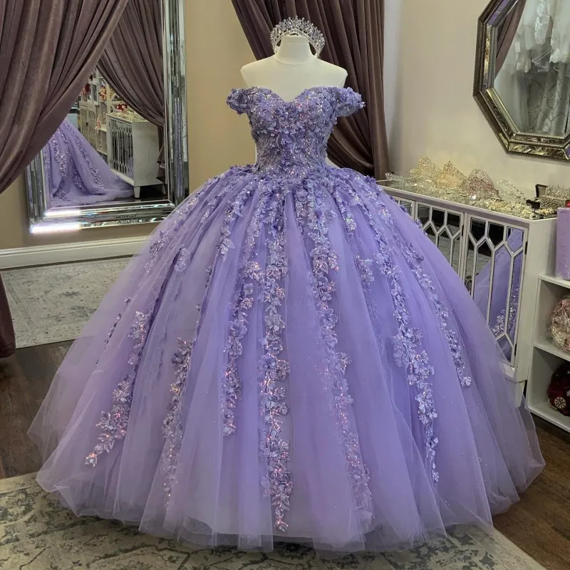 Lavendel Weg von der Schulter Prinzessin Ballkleid Quinceanera Kleider Vestidos De 15 Jahre Party 3D Blume Perlen 16 Geburtstag Kleider