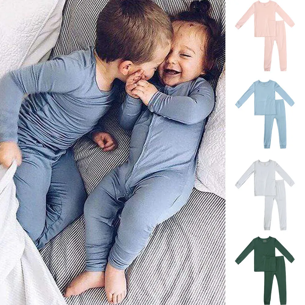 Pigiama Arrivi Pigiama per bambini in fibra di bambù per bambini Set completo per ragazze Top a maniche lunghe solido Pantaloni per ragazzi Sleepwear 230710