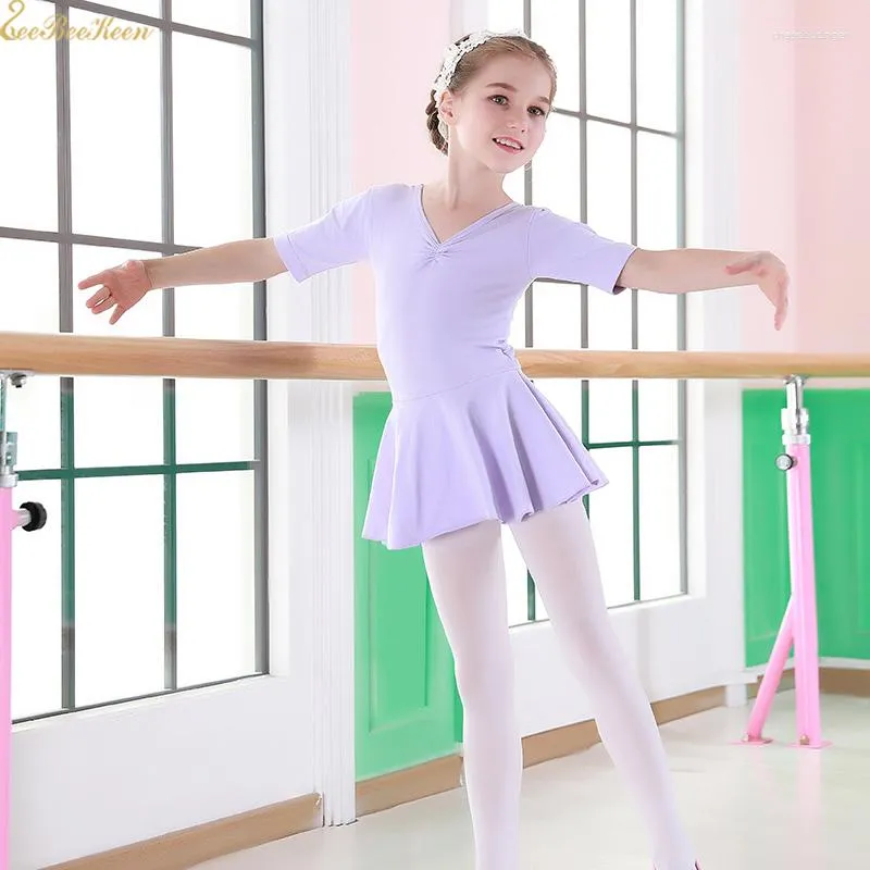 Sahne Giyim Çocuk Pembe/Mor Dans Kostüm Bale Elbise Kız Jimnastik Uzun Kollu