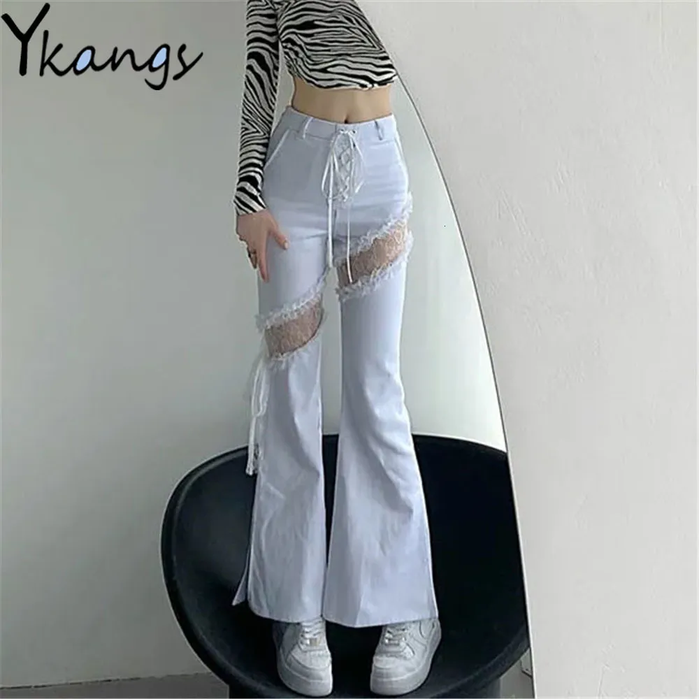 Jeans pour femmes Y2k Dentelle Couture Évider Fente Latérale Bandage Taille Haute Jean Évasé Mince Gothique Punk Streetwear Denim Pantalon Harajuku Pantalon 230711