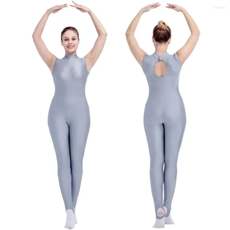 Stage Wear Ladies Girls Shiny Lycra Sleeveless Turtleneck Back Hole Unitard Long Bodysuit Catsuit Training Outfit