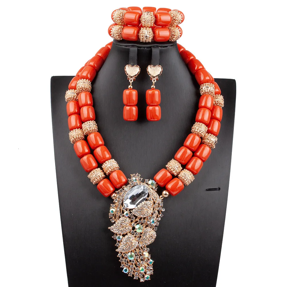 Bracelet Earrings Necklace Artificial Coral African Beads Jewelry Set with Large Chest Double Layer Nigerian Wedding Apparel Jewelry Set WE320 230711