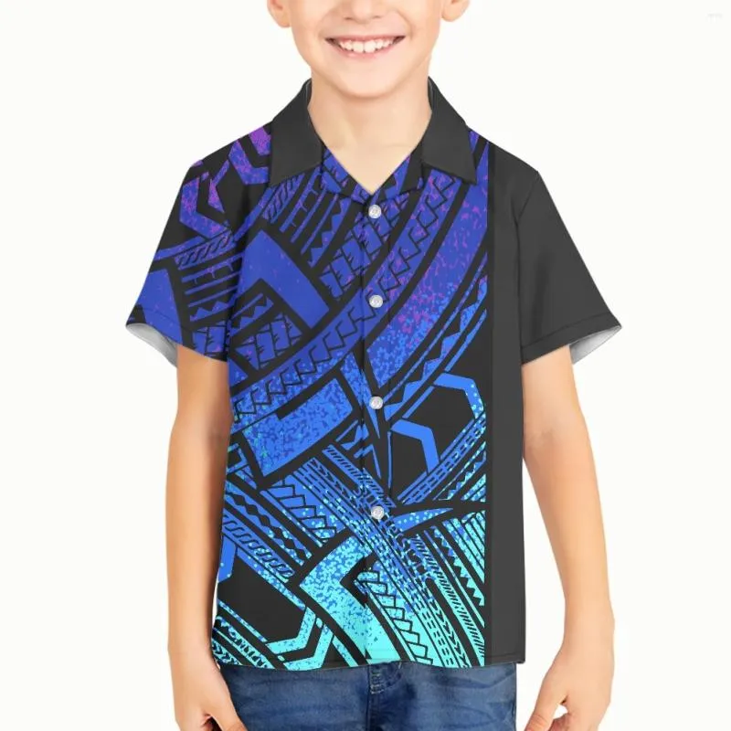 Herren-Freizeithemden, Jungen-Kind-Polynesian-Stammes-Hawaiian-Totem-Tattoo-Hawaii-Drucke, Jungen-Kurzarm-Top, Boutique-Button-Down-T-Shirts für Kinder