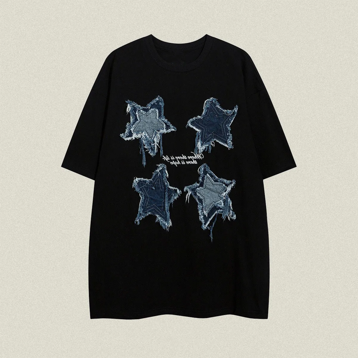 Camiseta masculina de manga curta com remendo jeans Stars Top de rua masculino de verão