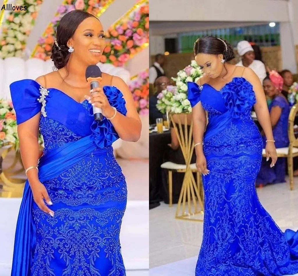 Royal Blue South Africa Nigeria Black Girls Mermaid Dresses Send Emboridery Ruched Crystals Dorts Prom Proms بالإضافة