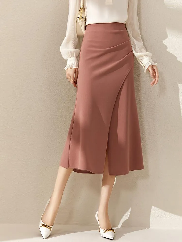 Skirts Sentubila Ruched Slit Sheath For Women 2023 Spring Elegant Office Ladies Work Casual Solid A Line Split Midi Wrap Skirt