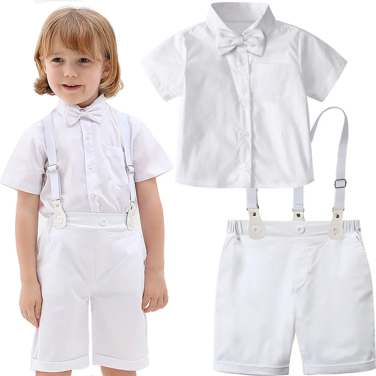 Costumes Garçons Tenues De Baptême Enfant Costume Blanc pour Baptême Bébé Vêtements De Mariage Ensemble Infant Gentleman Anniversaire Manches Courtes 2PCS 230711