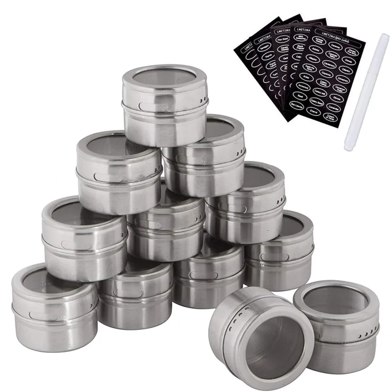 Storage Bottles Jars LMETJMA Magnetic Spice Jars Set With Spice Labels and Chalkboard Pen Stainless Steel Seasoning Pepper Spice Storage Jars Tins 230710