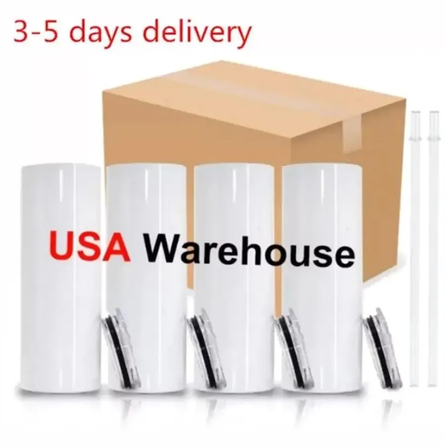 US STOCK 20oz Sublimation Tumblers Mug Straight Blank White Stainless steel Mugs with Lid Straw 20 oz Double Vacuum Insulated Water Bottles Outdoor Sports Cups