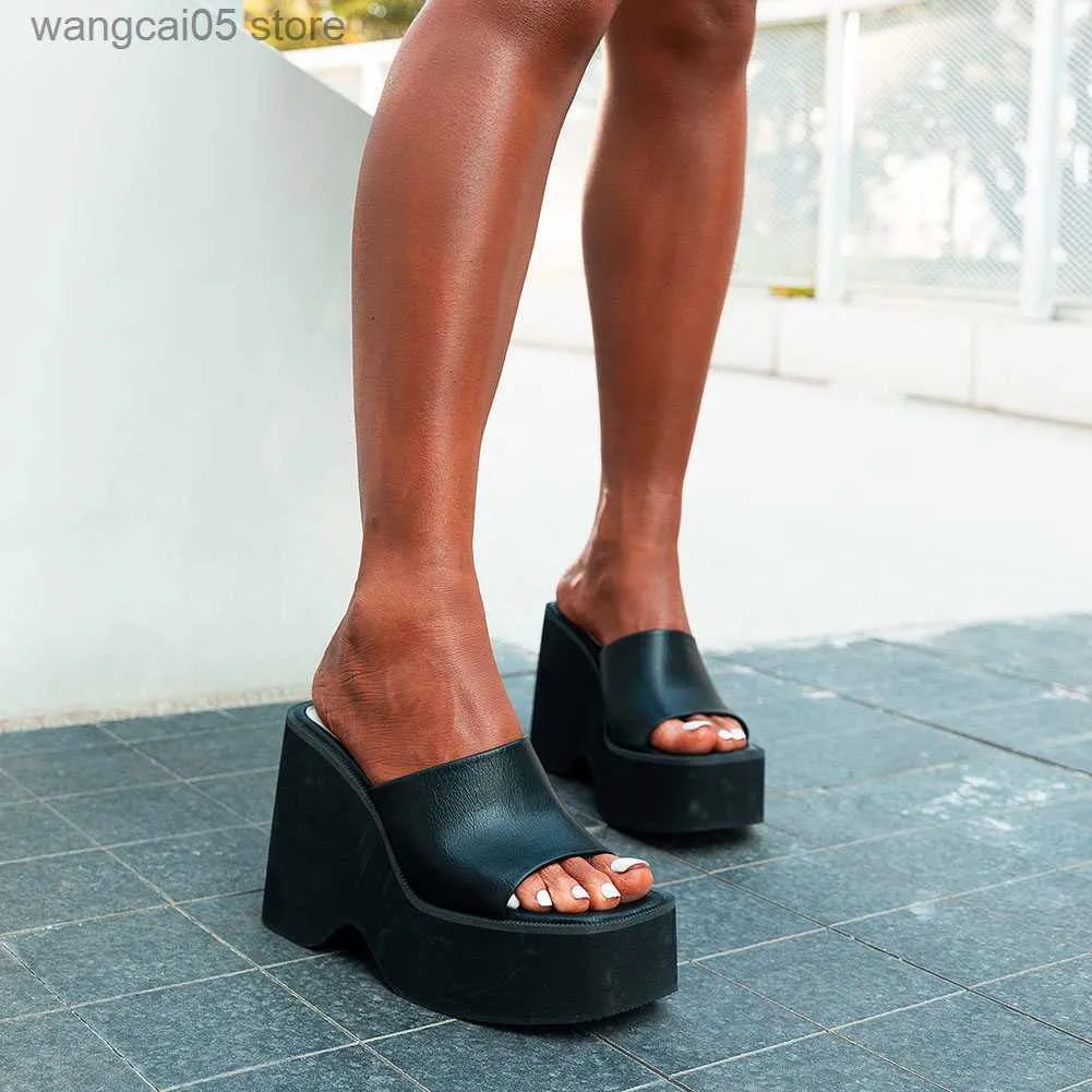 Pantoufles Grande Taille 43 Été Noir Blanc Mules À Talons Chunky Talons Hauts Loisirs À La Mode Plateforme Compensées Sandales Chaussures Pour Femmes 2022 T230711